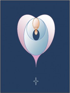 Graphic design of a pink and blue angel made of oval shapes above a star